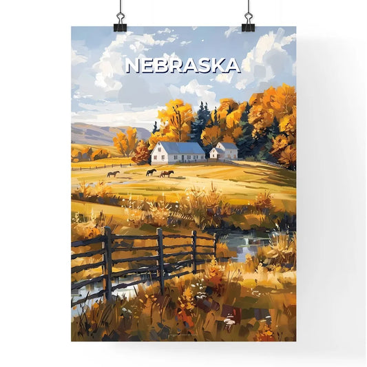 Nebraska, USA - Vibrant Painting Depicting Farm with Horses in Field Poster