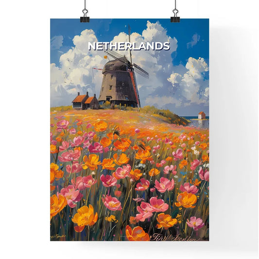 Vibrant Floral Windmill Landscape Painting, Netherlands, Europe Poster