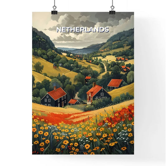 Vibrant Painting of Netherlands Landscape with Houses and Flowers, Showcasing Art and Beauty Poster