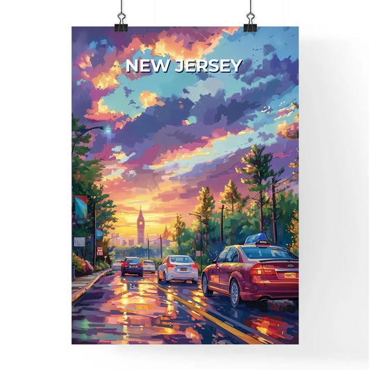 Vibrant Street Art Mural Depicting American Cityscape with Automobiles and Lush Trees Poster