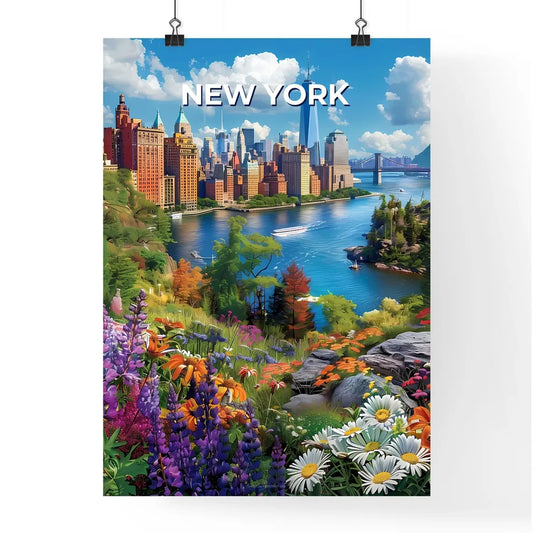 Colorful Manhattan Painting: Unique City Art Featuring a River and Flowers Poster