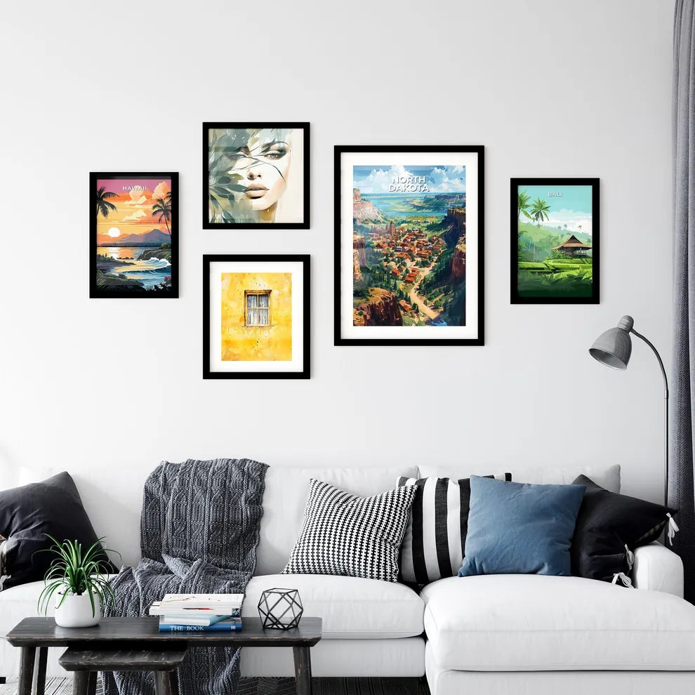 Vibrant Painting of a Town Nestled in a Picturesque Canyon, North Dakota, USA Interior Design