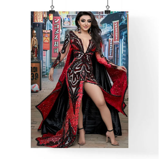 Painting of a Glamorous Pin-Up Woman in a Re Poster