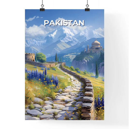 Vibrant Pakistani Painting Showcases Colorful Stone Path Leading to Mountainous Landscape Poster