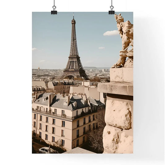 Vibrant Skyline Canvas Artwork: Cityscape with Statue on Ledge, Abstract Expressionism Poster