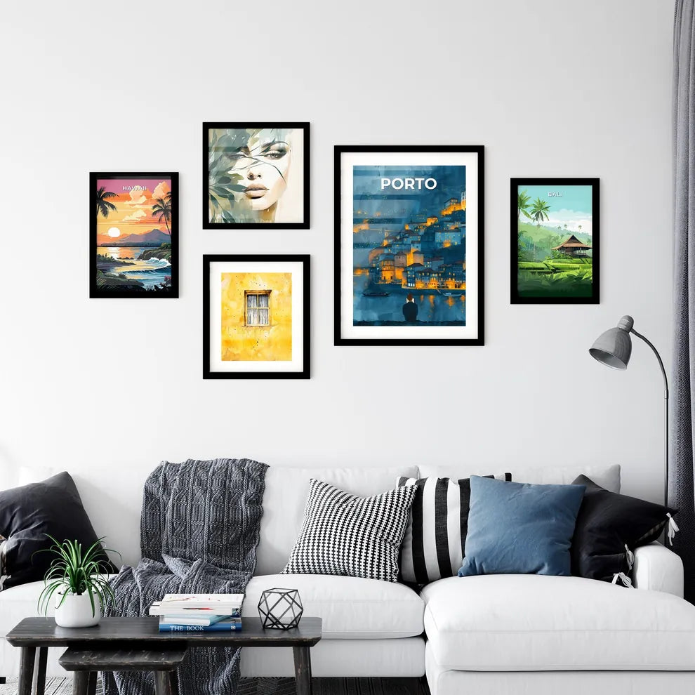 Porto Skyline Art: Colorful Cityscape Painting with Lone Figure Interior Design