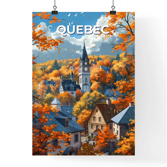 Vibrant Clock Tower Landscape Painting: Quebec, Canada Town Surrounded by Trees Poster