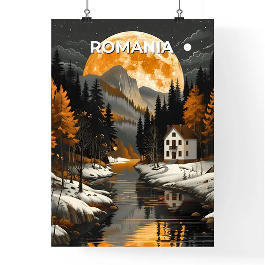 Vibrant Painting: House in the Woods with River and Full Moon, Romania, Europe Poster