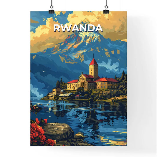 Vibrant Rwandan Painting: Lakeside Building in Africa Poster