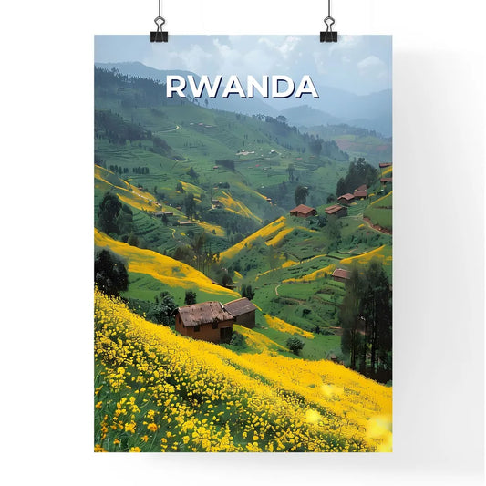 Vibrant Rwanda Hillscape Painting Depicting Lush Greenery, Golden Blooms, and Traditional Houses Poster