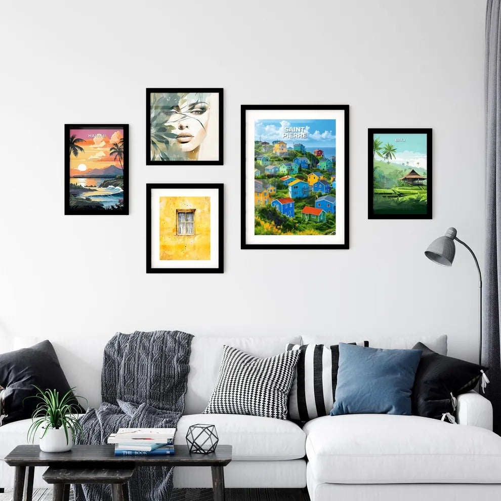 Colorful houses on a hill in Saint Pierre and Miquelon, North America - vibrant painting, art Interior Design