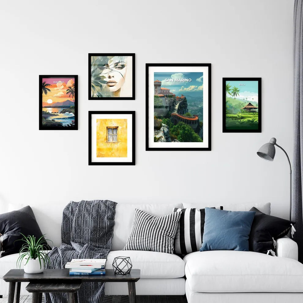 San Marino, Europe - Artistic Castle Art, Vibrant Painting, Cliff, European Landscape, Architecture, Cityscape, Colorful Scenery, Hilltop Village, Mountain Views Interior Design