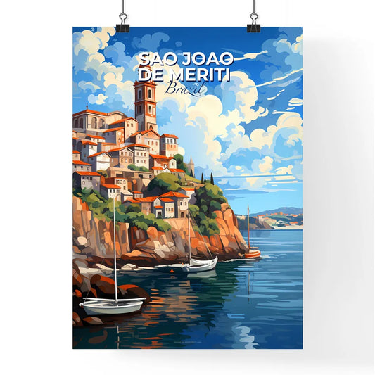 Vibrant Artistic Painting of Sao Joao de Meriti Brazil Skyline with Boats on Water Featuring Ocean Hill Town Architecture in Coastal Brazil Default Title