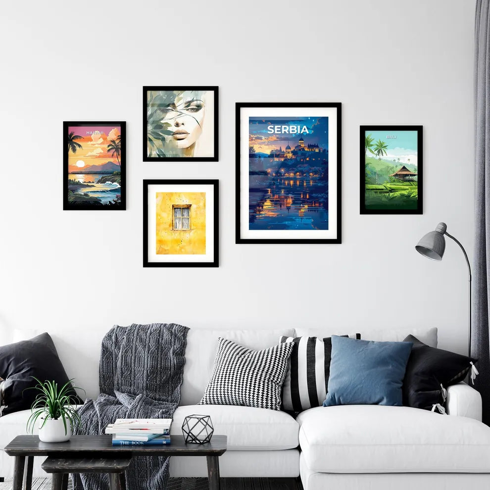 Vibrant Painting of City on Hill with Buildings, Trees, and Body of Water in Serbia, Europe Interior Design