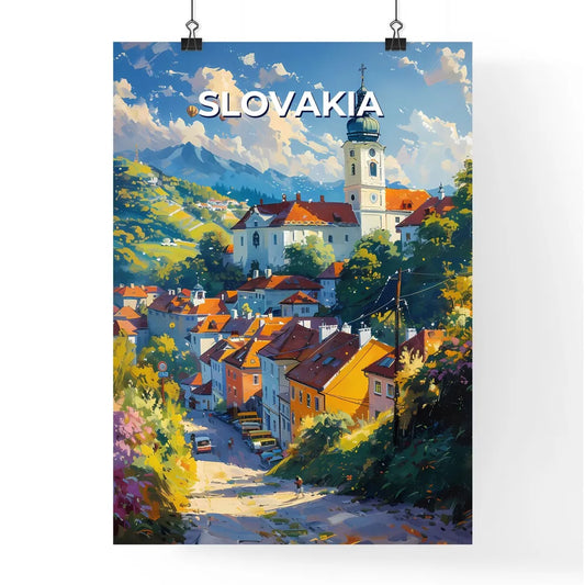 Vibrant Artistic Town Steeple Hill Trees Mountains Slovakia Nature Travel Poster