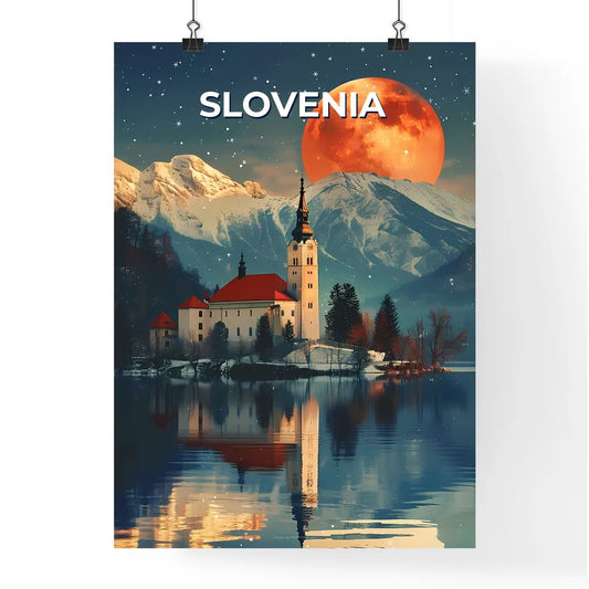 Vibrant Art: Painting of a Building by a Lake in Slovenia with Mountain Backdrop Poster