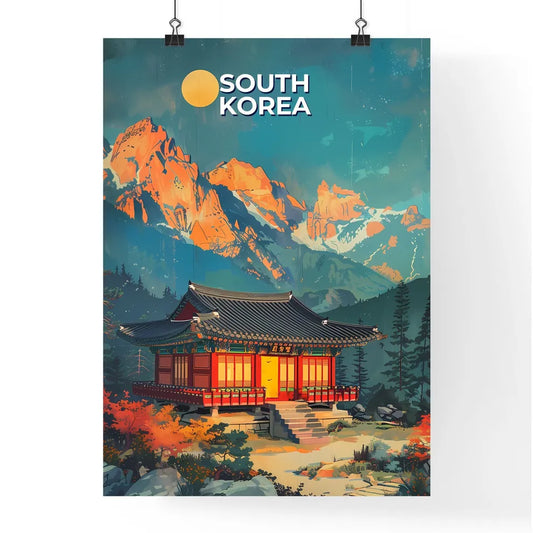Modern Vibrant Korean Painting of Building Amidst Mountains East Asia Artwork Poster