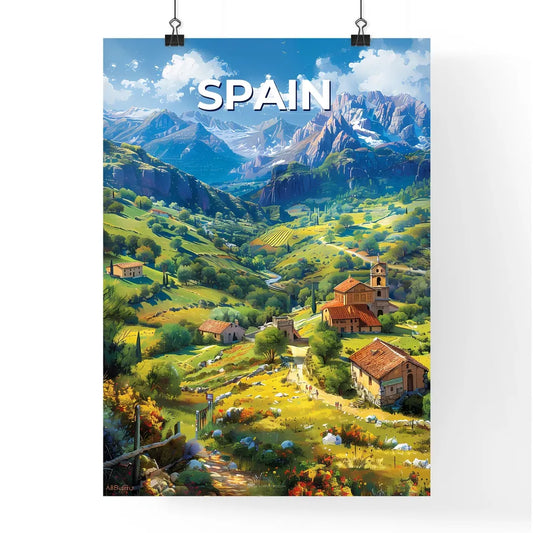 Vibrant Painting of a Valley with Houses and Mountains in Spain Poster