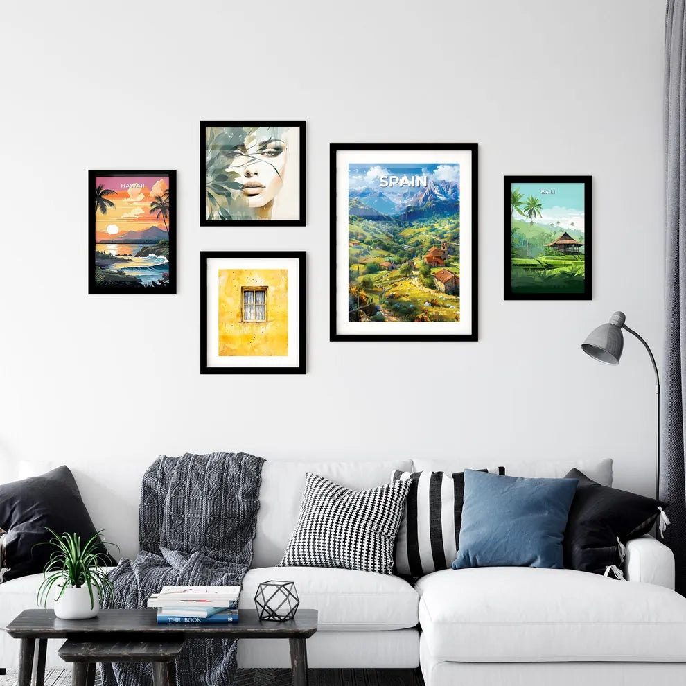 Vibrant Painting of a Valley with Houses and Mountains in Spain Interior Design