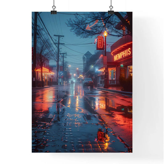 Vibrant Artistic Night Shot of Memphis Neon Sign — A Stunning Blue Frontal View Illuminates the Citys Essence Poster