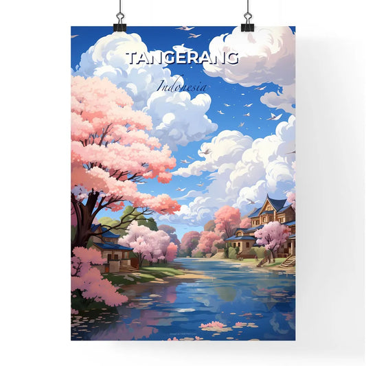 Artful Tangerang Skyline: Vibrant River Scene with Pink Trees and Houses in Indonesia Default Title