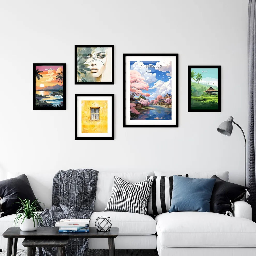 Artful Tangerang Skyline: Vibrant River Scene with Pink Trees and Houses in Indonesia Default Title