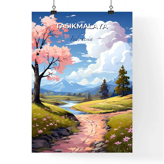 Vibrant Landscape Painting Depicting Tasikmalaya Indonesia Skyline with River Tree Default Title