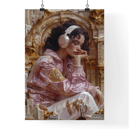 Elaborate Rococo Woman with Headphones in Ornate Gold Frame, Historical Painting, Maximalist, Dark Crimson, Light Beige, Portrait, Detailed Costume Poster