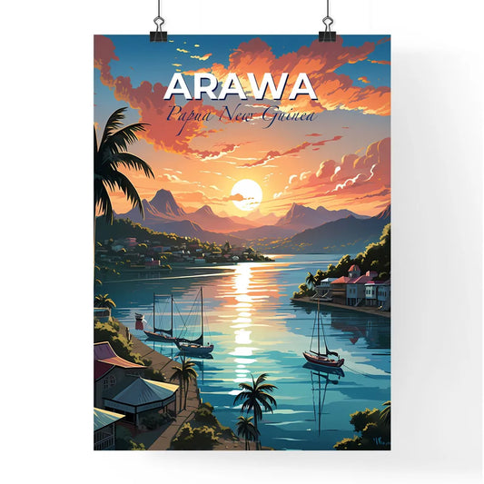 Colorful Arawa Papua New Guinea Painting Sunset Skyline Boats Palm Trees Art Default Title