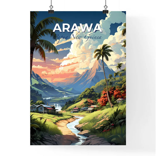 Panoramic Picture Depicting the Artistic Landscape of Arawa, Papua New Guinea, Featuring a River, Dwellings, and Mountains Default Title