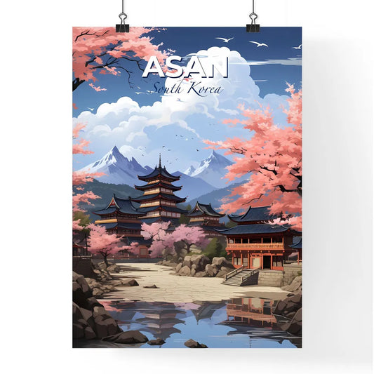 Vibrant Japanese Village Landscape Painting with Lake and Mountains - Asan South Korea Skyline Default Title