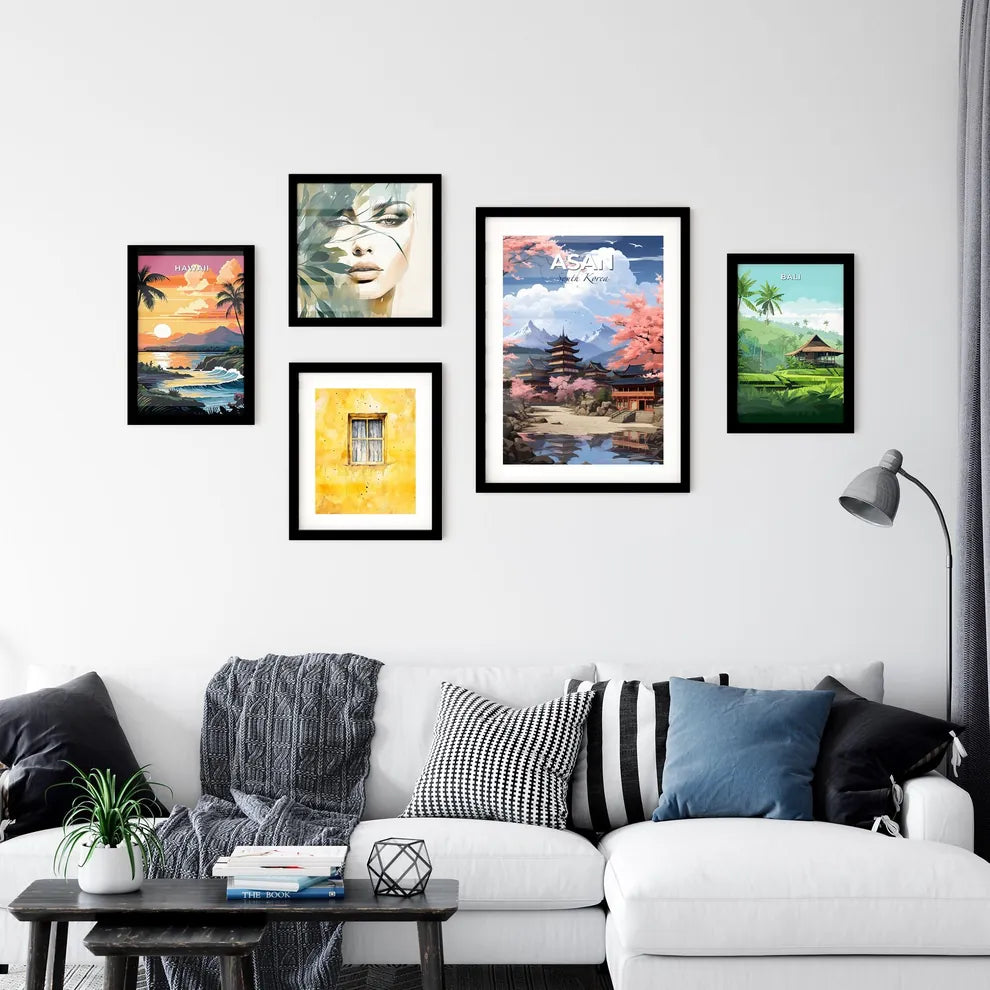 Vibrant Japanese Village Landscape Painting with Lake and Mountains - Asan South Korea Skyline Default Title