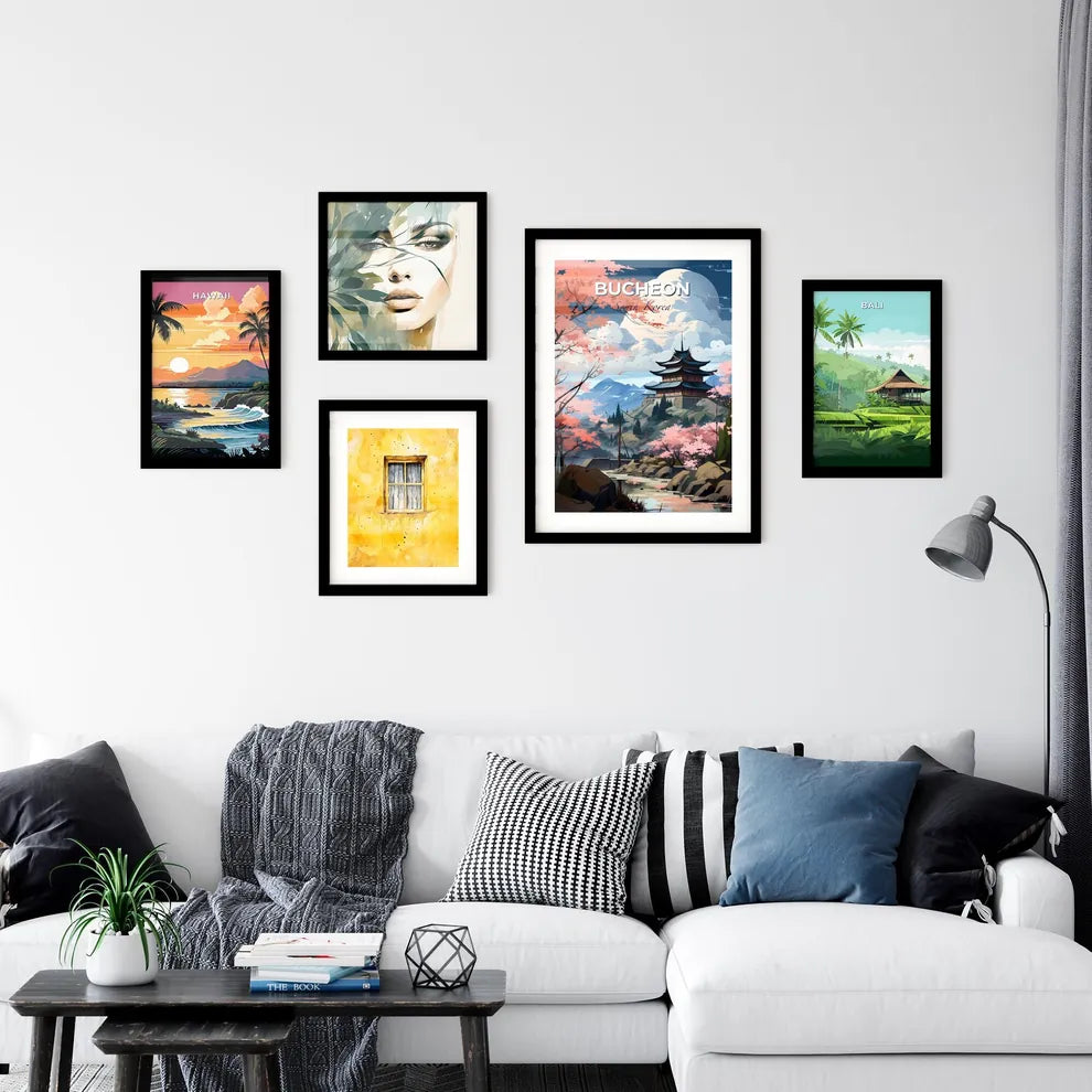 Vibrant Korean Skyline Painting: Pastel Pagoda, Flowering Trees, River Default Title