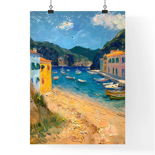 Vibrant Italian Seaside Fishing Village Painting: Colorful Houses, Azure Waters, Bustling Locals Under Warm Mediterranean Sun Poster