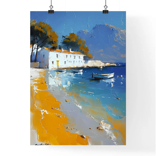 Mediterranean Fishing Village Art Painting, Colorful Houses, Fishing Boats, White Building, Beach, Summer, Coastal, Artwork, Scenery Poster