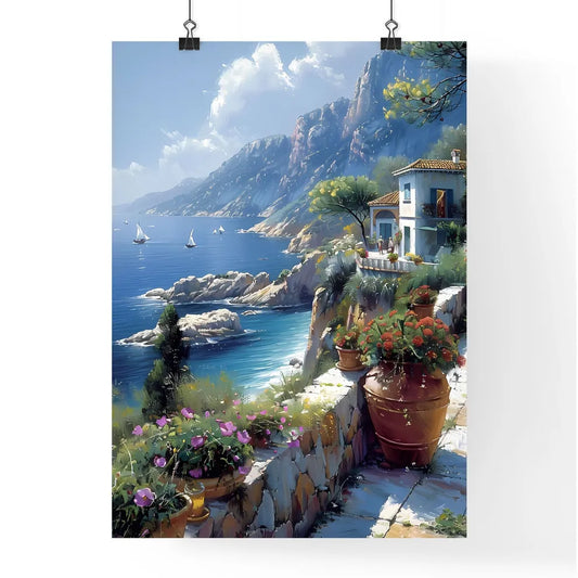 Colorful Italian Seaside Village Scene: Flowers on Stone Wall Overlooking Azure Waters Poster