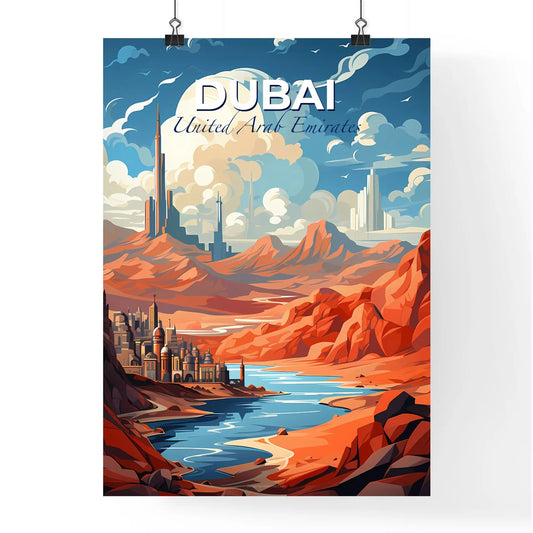 Dubai City Skyline Painting with River Valley and Vibrant Hues Default Title