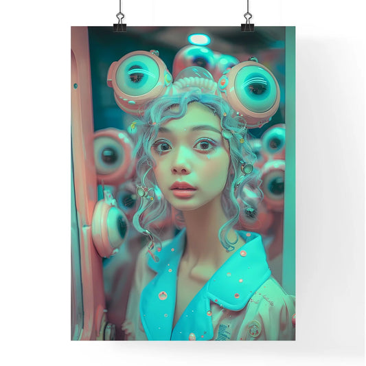 Pastel-Toned Retrofuturistic Woman Enters Charcoal Skyscraper Amidst Curious Creatures Poster