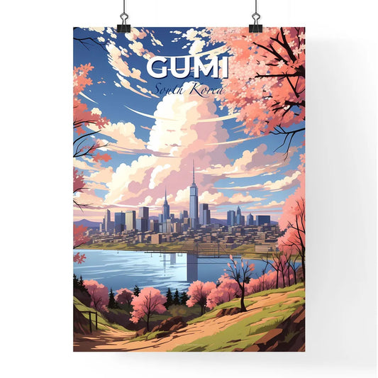 Vibrant Artistic South Korea Skyline with Blossom Trees and Tranquil River Default Title