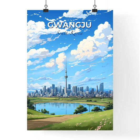 Gwangju Cityscape Artwork: Vibrant Painted Cityscape with Tower and Lake Default Title