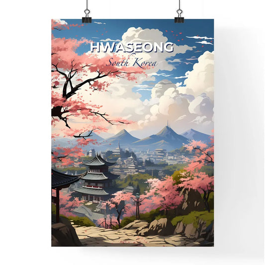 Vibrant Landscape Painting of Hwaseong Skyline, Featuring Pagoda, Mountains, and Pink Cherry Blossoms Default Title