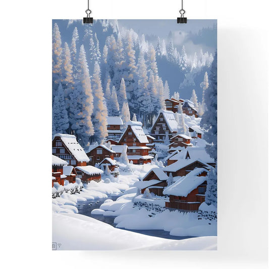 Tranquil Japanese Village: Snow-Covered Houses and Pristine Forest in Pastel Blue Sky Poster