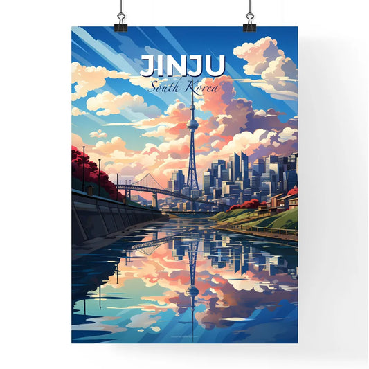 Vibrant Painting of Jinju Skyline: Bridge, Cityscape, Tower, Water Body, Korean Cityscape, Art, South Korea Default Title