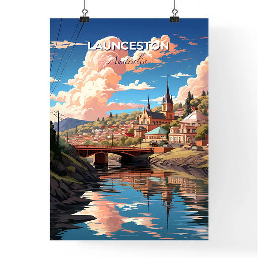 Vibrant Launceston Australia Skyline: Bridge Over Scenic River, Buildings, Trees, Art Focus Default Title