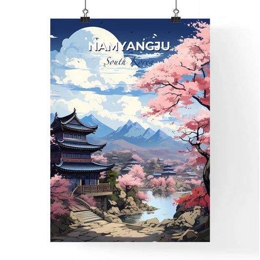 Painting of Namyangju South Korea Skyline: Pagoda by River Amidst Pink Trees Default Title