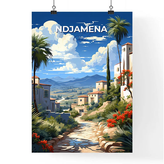 Vibrant Painting of NDjamena, Chad Skyline with Village, Trees, and Flowers, Art Focus Default Title