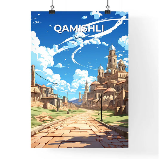 Vibrant Watercolor Painting of Qamishli Skyline Depicting Cityscape and Road Default Title