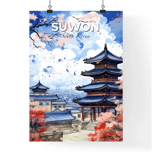 Suwon South Korea Skyline Watercolor Painting with Cherry Blossoms Default Title