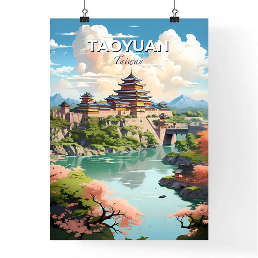 Vibrant Painting: Taoyuan Taiwan Cityscape with Historic Castle, River, and Trees Default Title