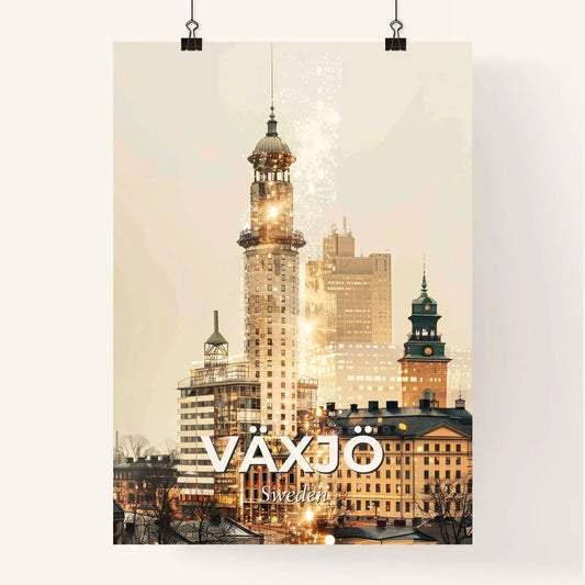 VÄXJÖ, SWEDEN - CITY ARTISTRY SKYLINE - A city skyline with a tall tower and buildings Poster